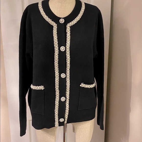 Sioni Sweaters - Sioni Black Cardigan with pearls and Stinson buttons Cream Accents